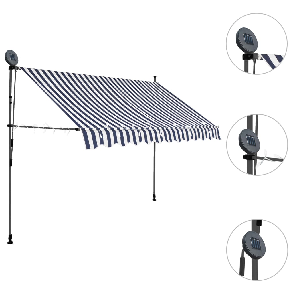 Copertină retractabilă manual cu LED, albastru & alb, 250 cm