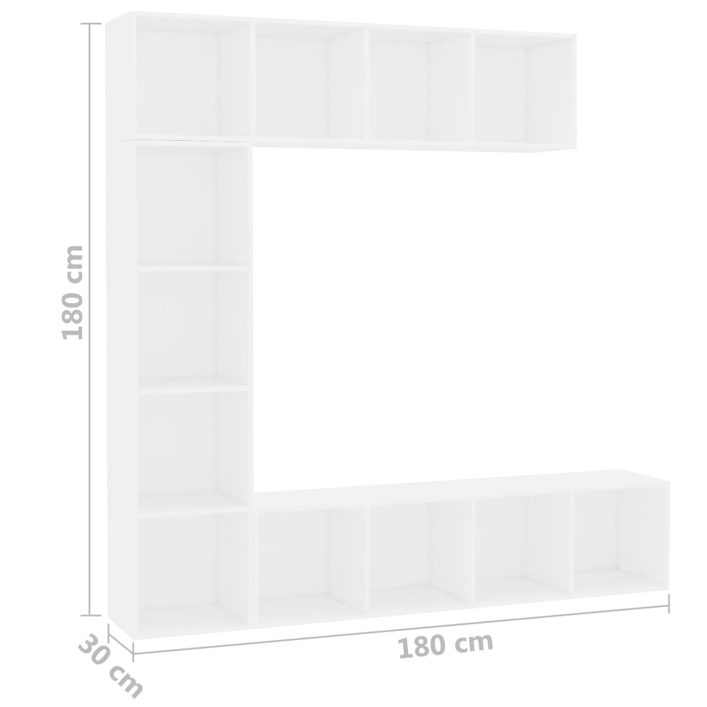 Set bibliotecă/dulap TV, 3 piese, alb, 180 x 30 x 180 cm