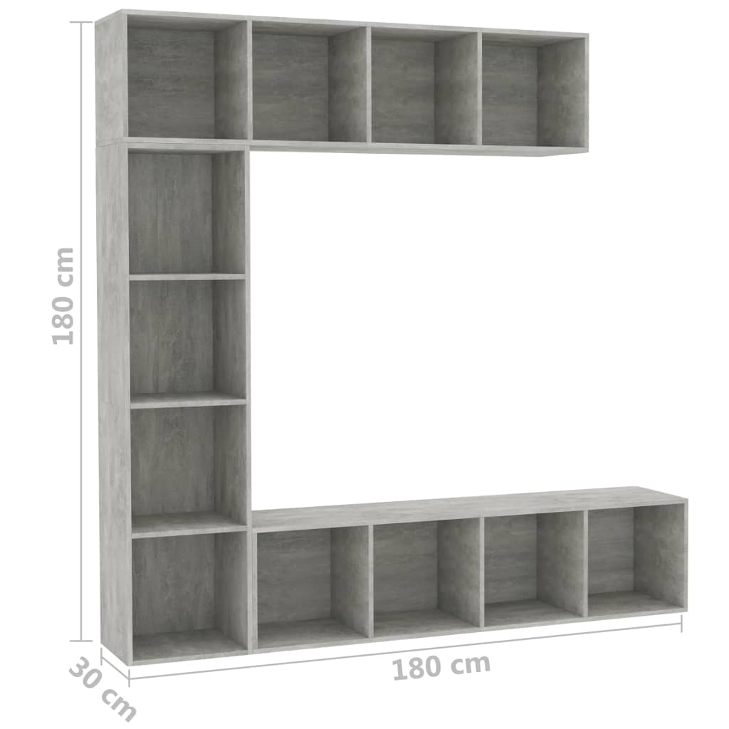 Set bibliotecă/comodă TV, 3 piese, gri beton, 180x30x180 cm