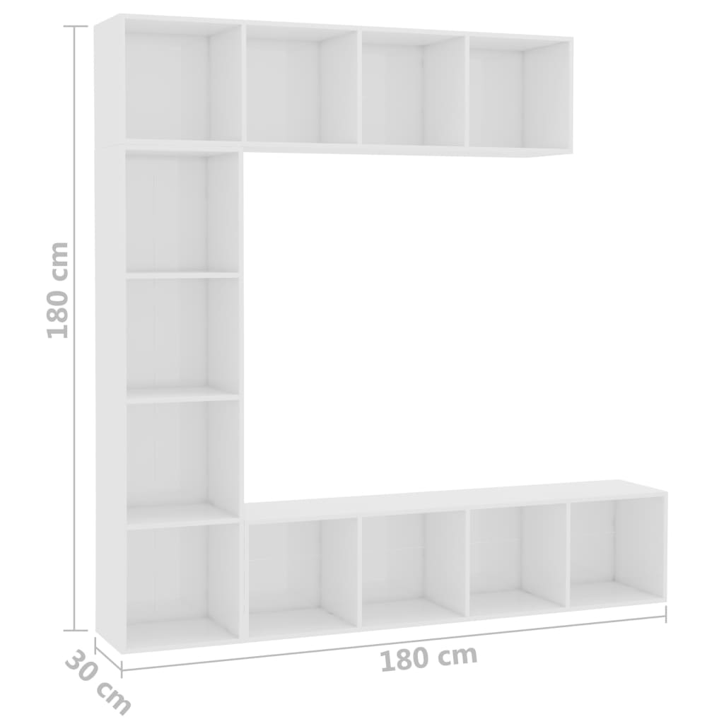 Set bibliotecă TV, 3 piese, alb foarte lucios, 180x30x180 cm