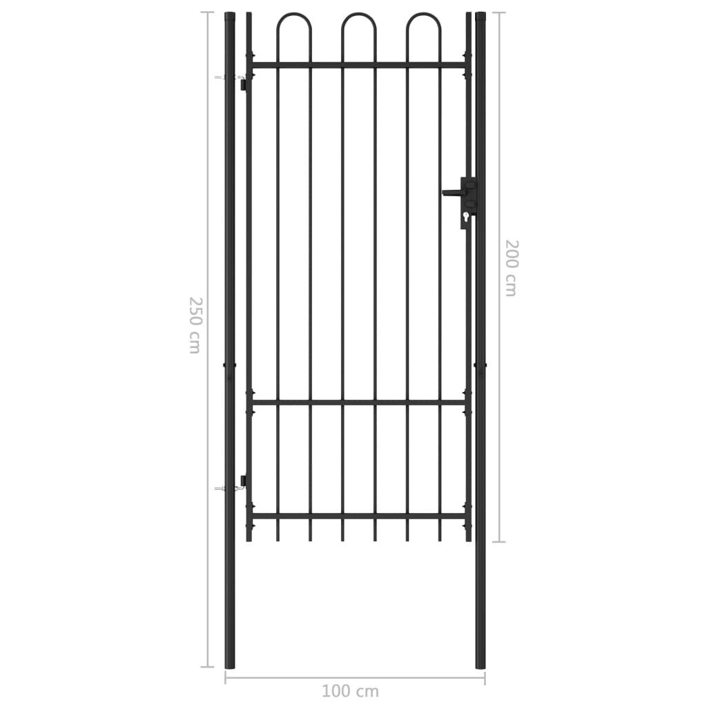 Poartă de gard, o ușă, cu vârf arcuit, negru, 1 x 2 m, oțel