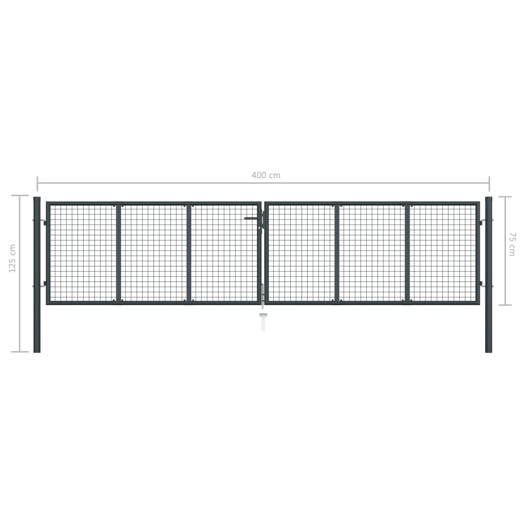 Poartă de grădină din plasă, gri, 400 x 125 cm, oțel galvanizat