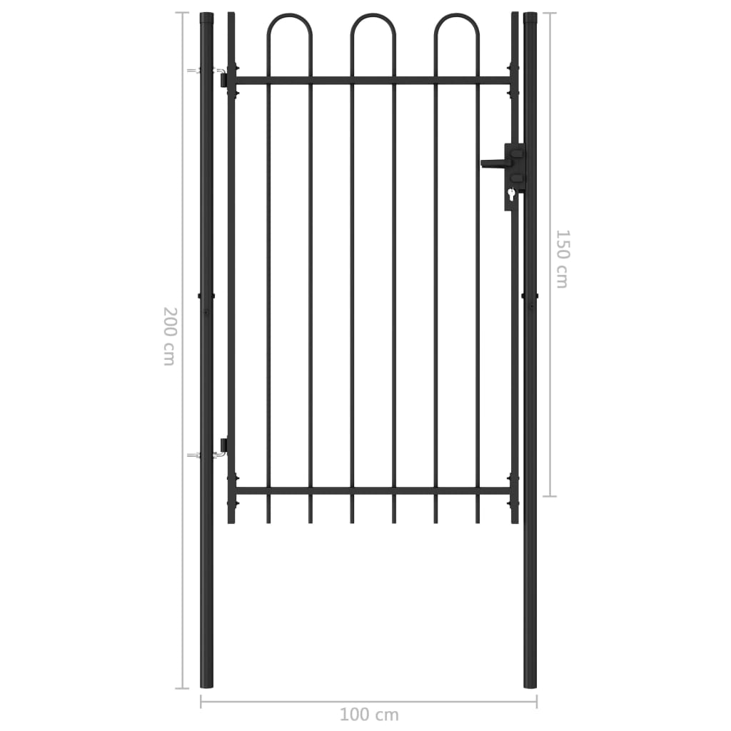 Poartă de gard cu o ușă, vârf arcuit, negru, 1 x 1,5 m, oțel