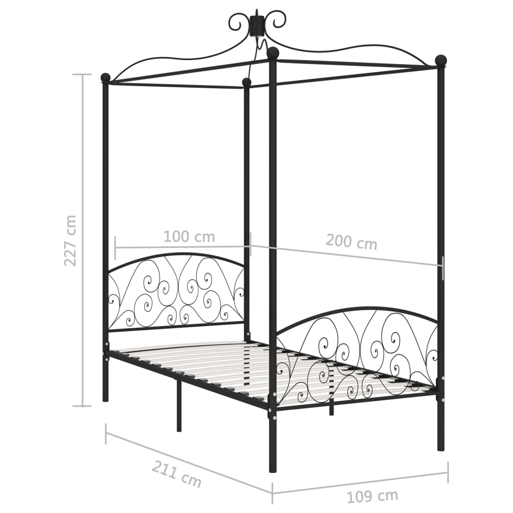 Cadru de pat cu baldachin, negru, 100 x 200 cm, metal