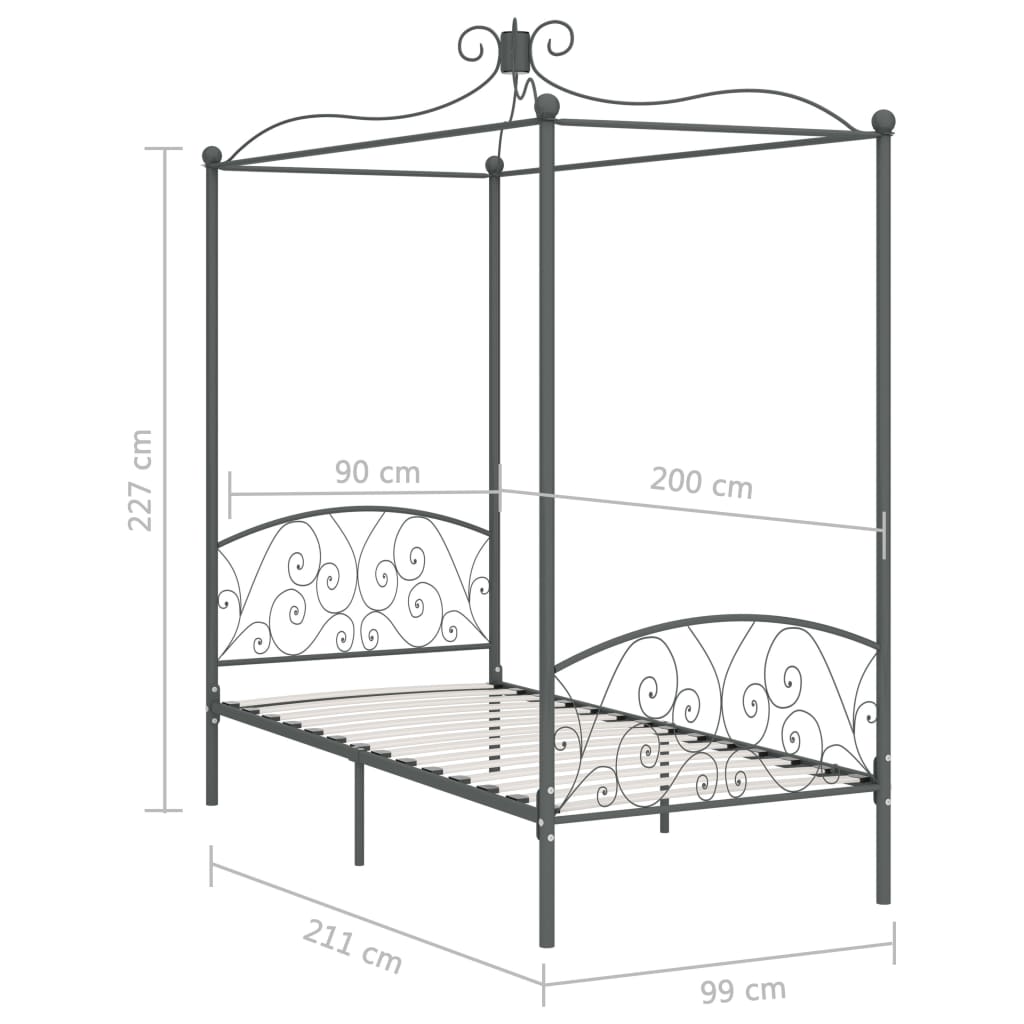 Cadru de pat cu baldachin, gri, 90 x 200 cm, metal