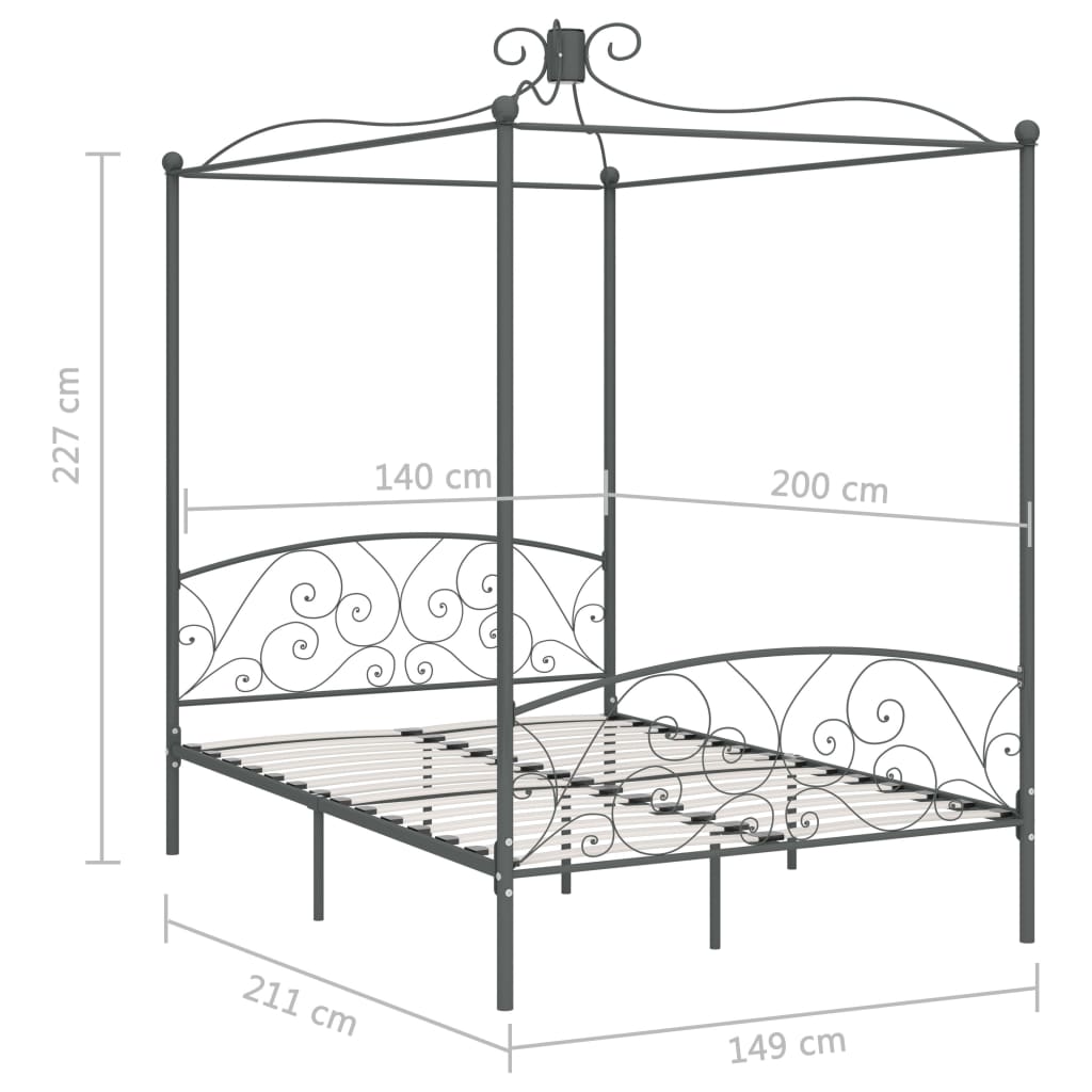 Cadru de pat cu baldachin, gri, 140 x 200 cm, metal