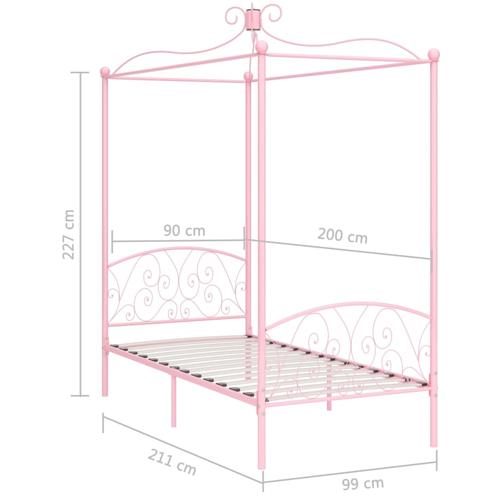 Cadru de pat cu baldachin, roz, 90 x 200 cm, metal