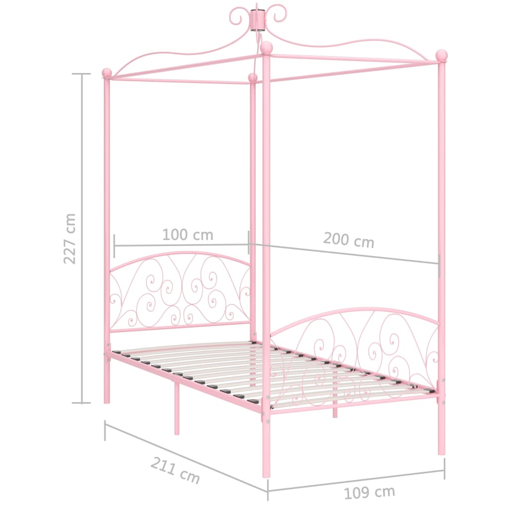 Cadru de pat cu baldachin, roz, 100 x 200 cm, metal