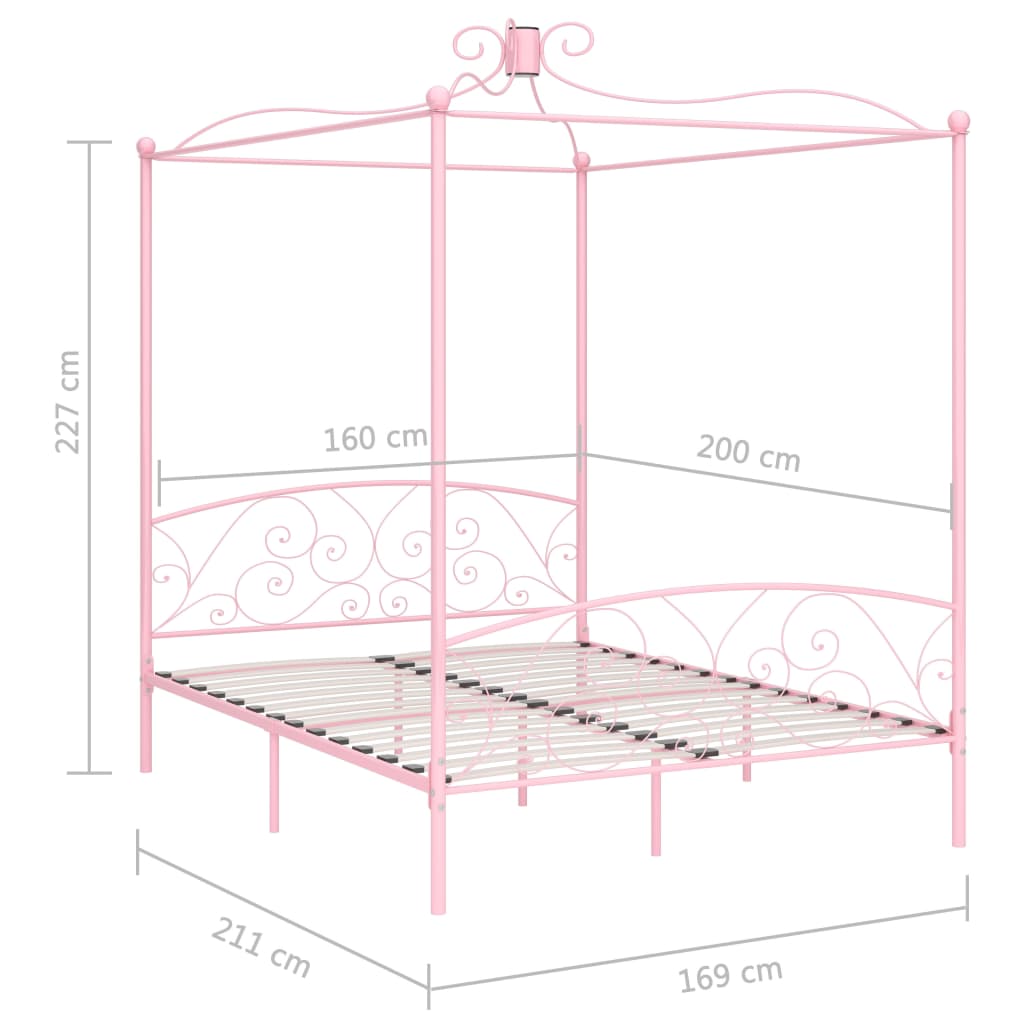 Cadru de pat cu baldachin, roz, 160 x 200 cm, metal