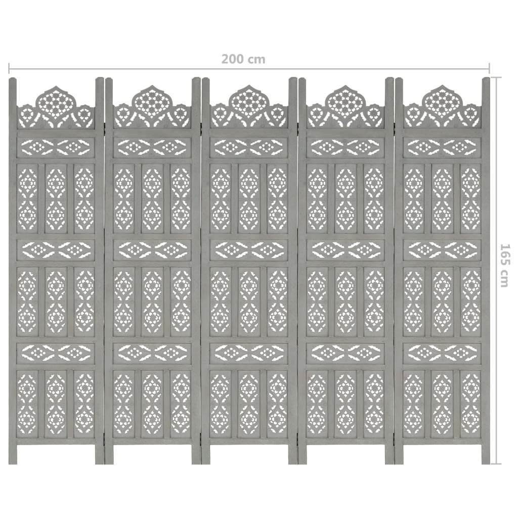 Paravan cameră sculptat manual 5 panouri gri 200x165 cm mango