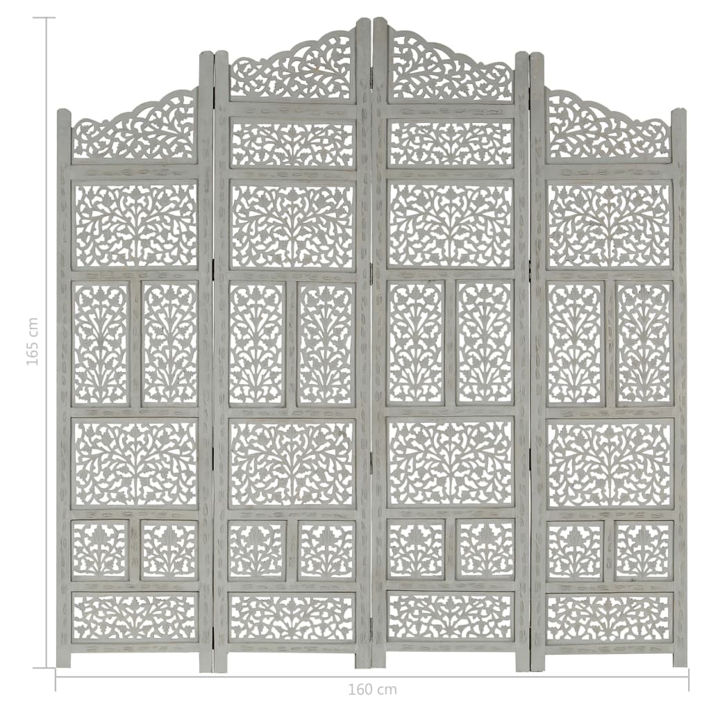 Paravan cameră sculptat manual 4 panouri gri 160x165 cm mango