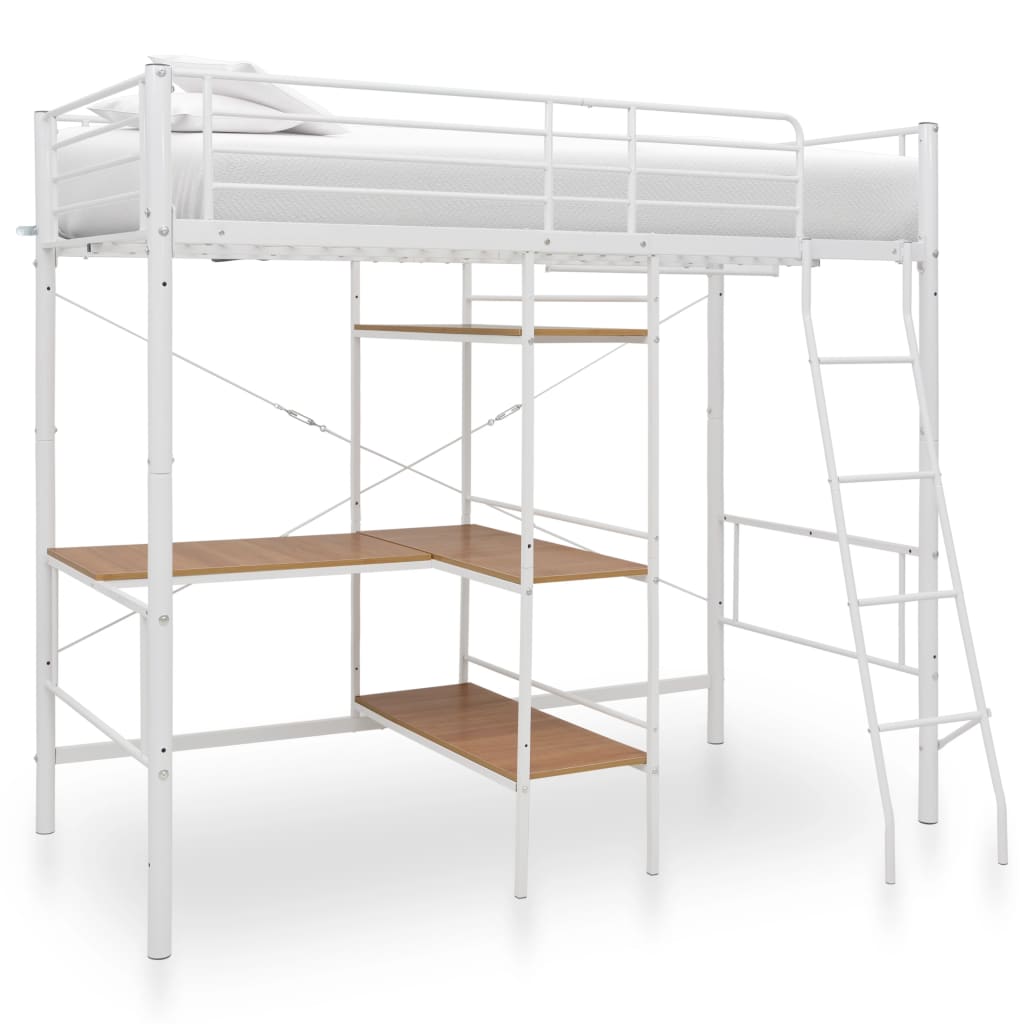 Cadru de pat supraetajat cu masă, alb, 90 x 200 cm, metal