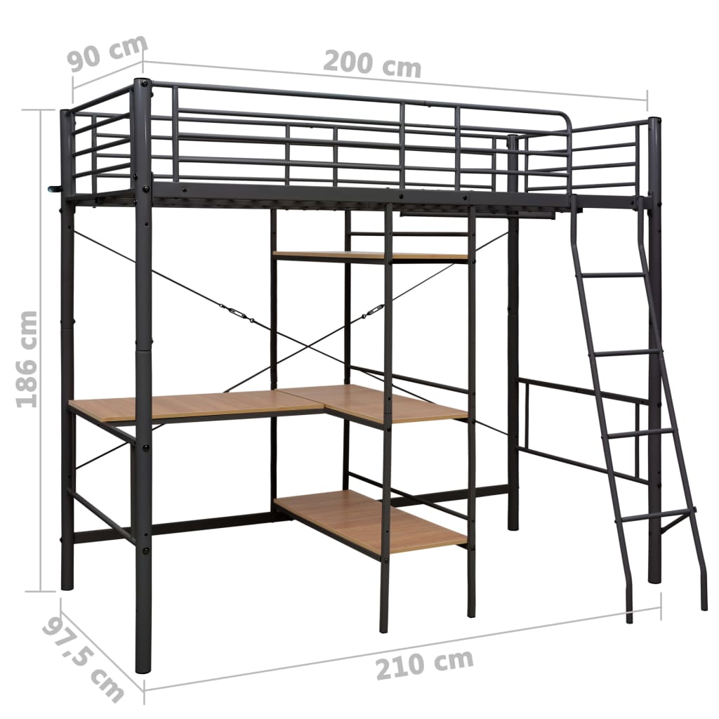 Cadru de pat supraetajat cu masă, negru, 90 x 200 cm, metal