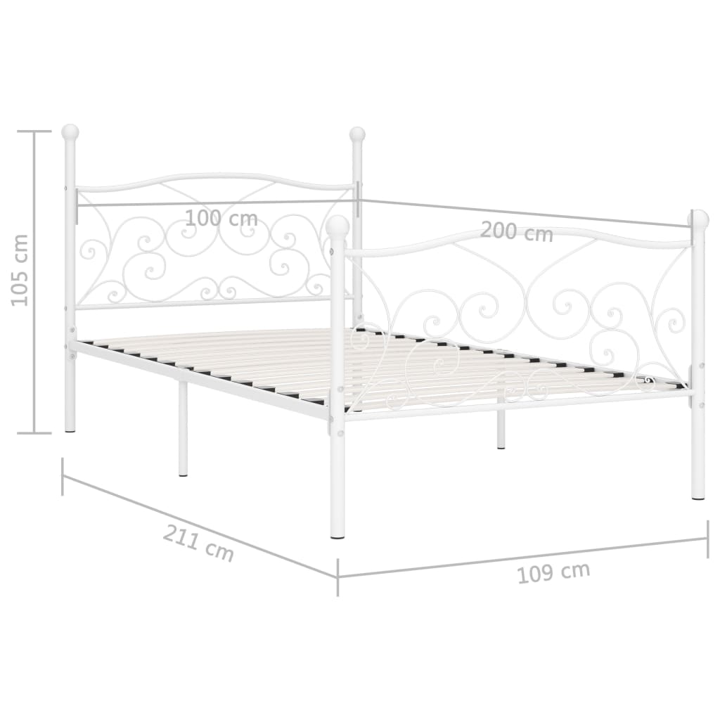 Cadru de pat cu bază din șipci, alb, 100 x 200 cm, metal