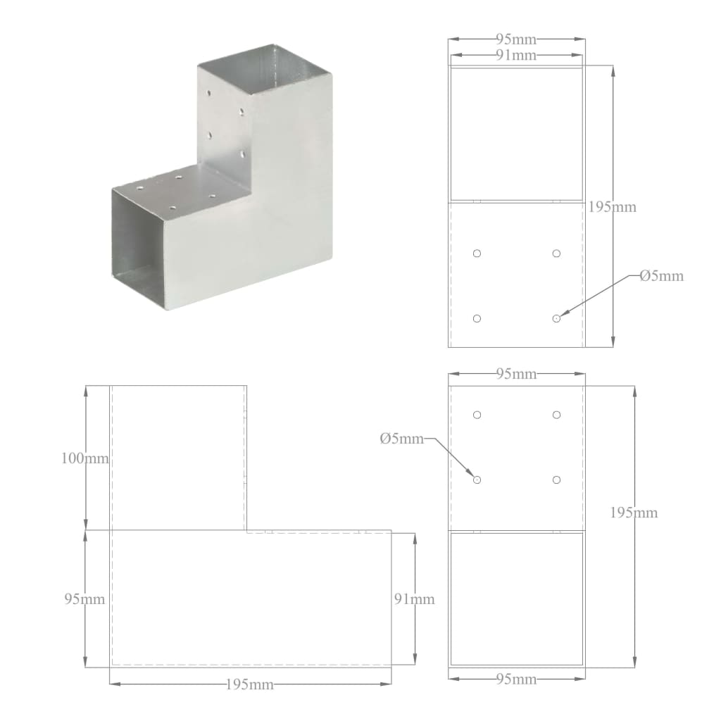 Conector de grindă, formă L, 91 x 91 mm, metal galvanizat