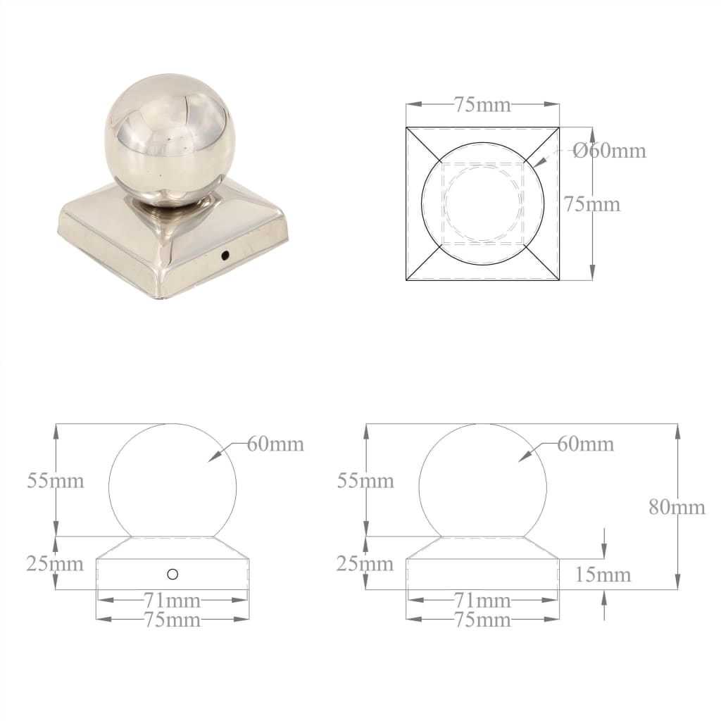 Capace stâlpi tip glob, 6 buc., 71 x 71 mm, oțel inoxidabil