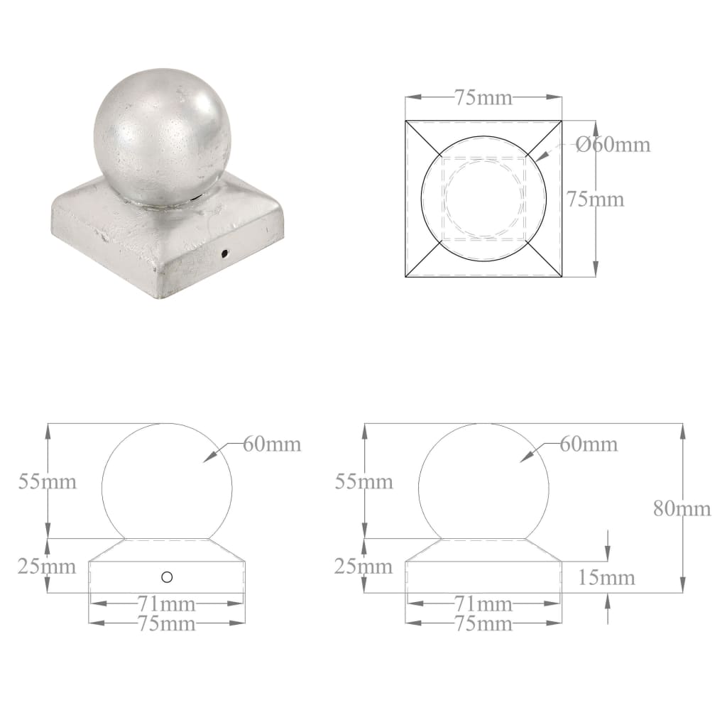 Capace stâlpi tip glob, 6 buc., 71 x 71 mm, metal galvanizat