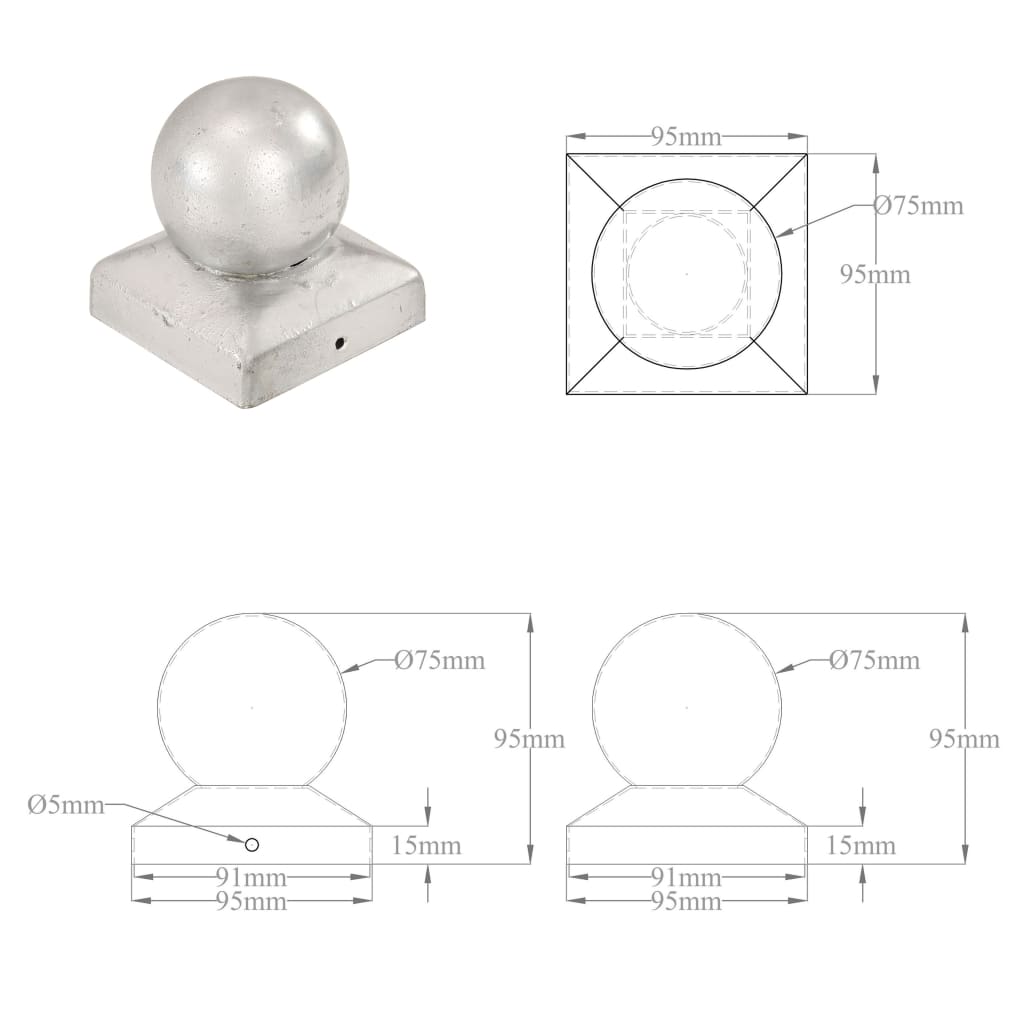 Capace stâlpi tip glob, 6 buc., 91 x 91 mm, metal galvanizat