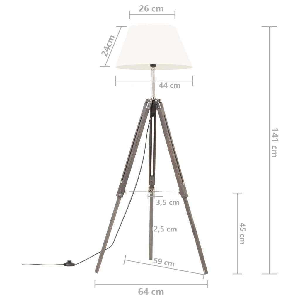 Lampă de podea cu trepied, gri/alb, 141 cm,  lemn masiv de tec