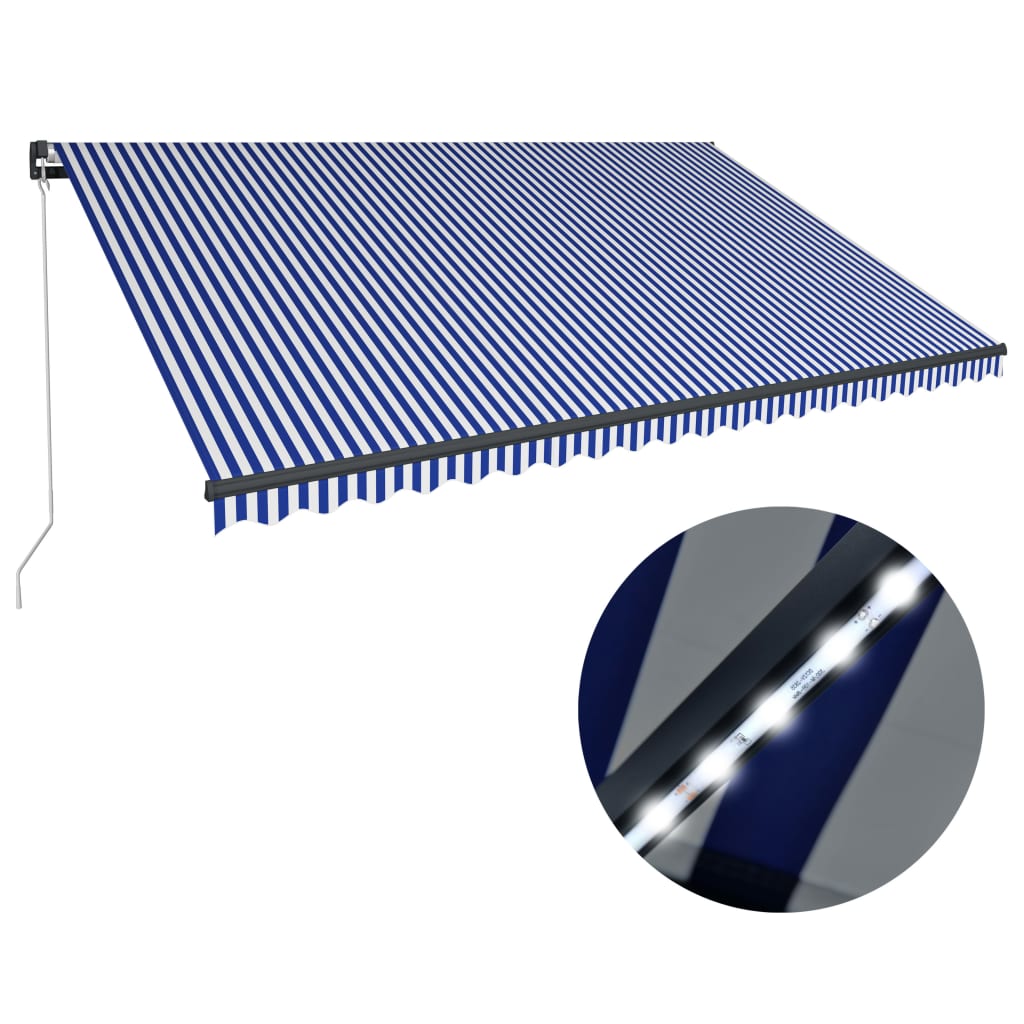 Copertină retractabilă manual LED, albastru și alb, 500x300 cm