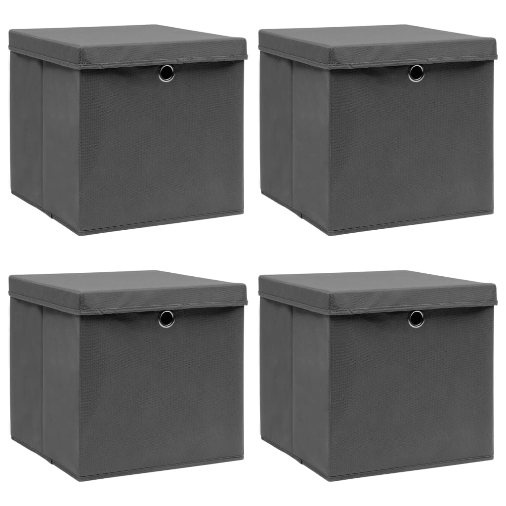 Cutii depozitare cu capace, 4 buc., gri, 32x32x32 cm, textil
