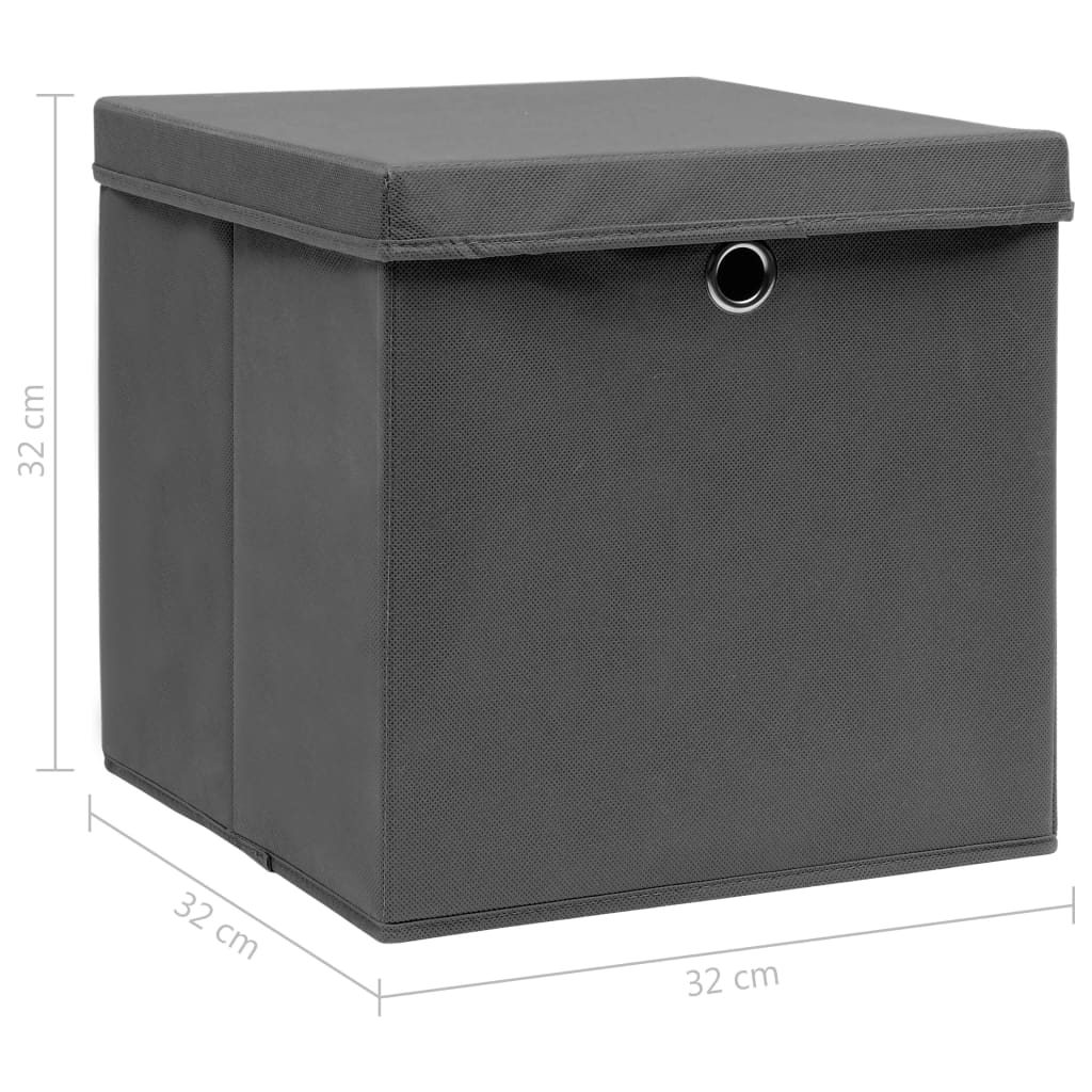 Cutii depozitare cu capace, 10 buc., gri, 32x32x32 cm, textil