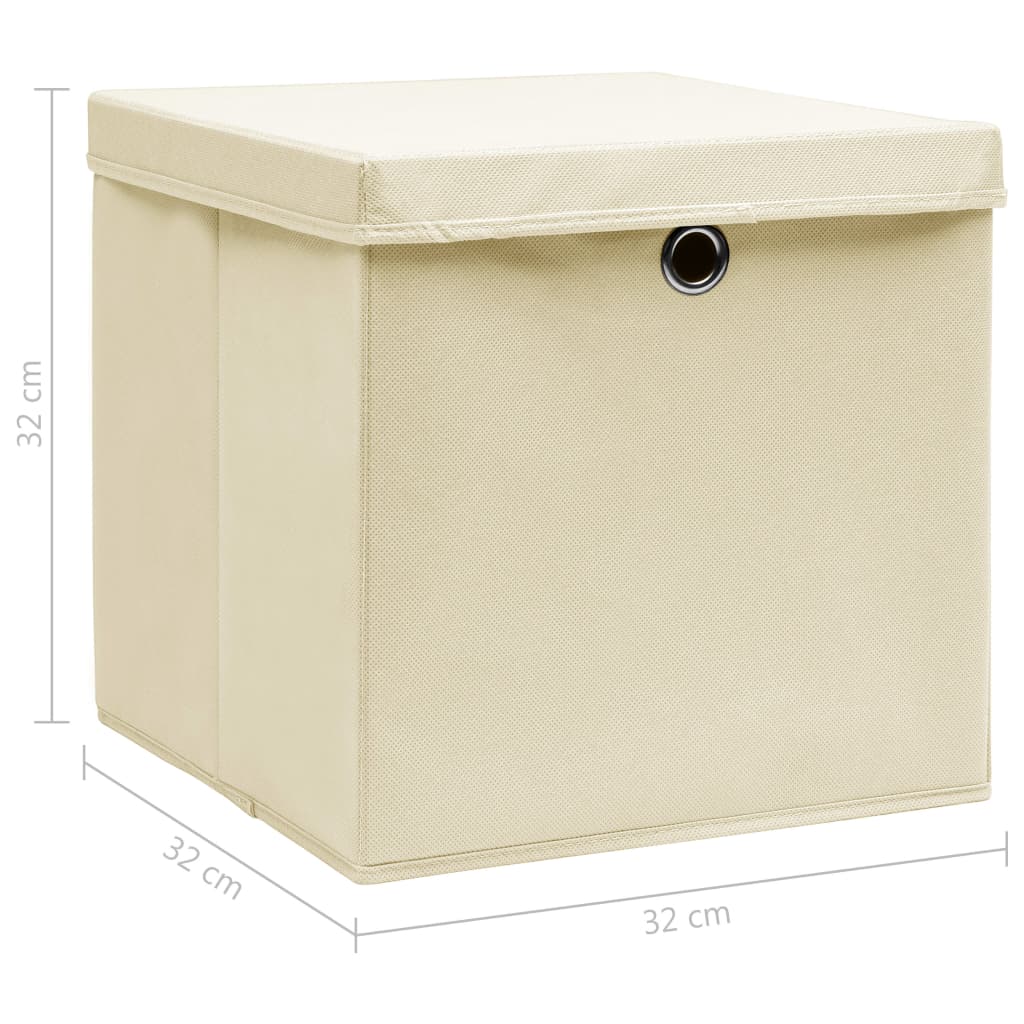 Cutii depozitare cu capac, 10 buc., crem, 32x32x32 cm, textil
