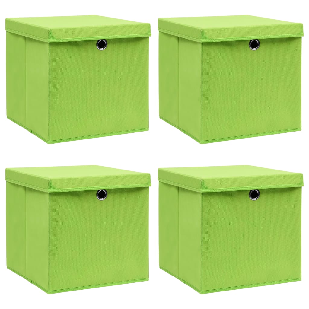 Cutii depozitare cu capace, 4 buc., verde, 32x32x32 cm, textil