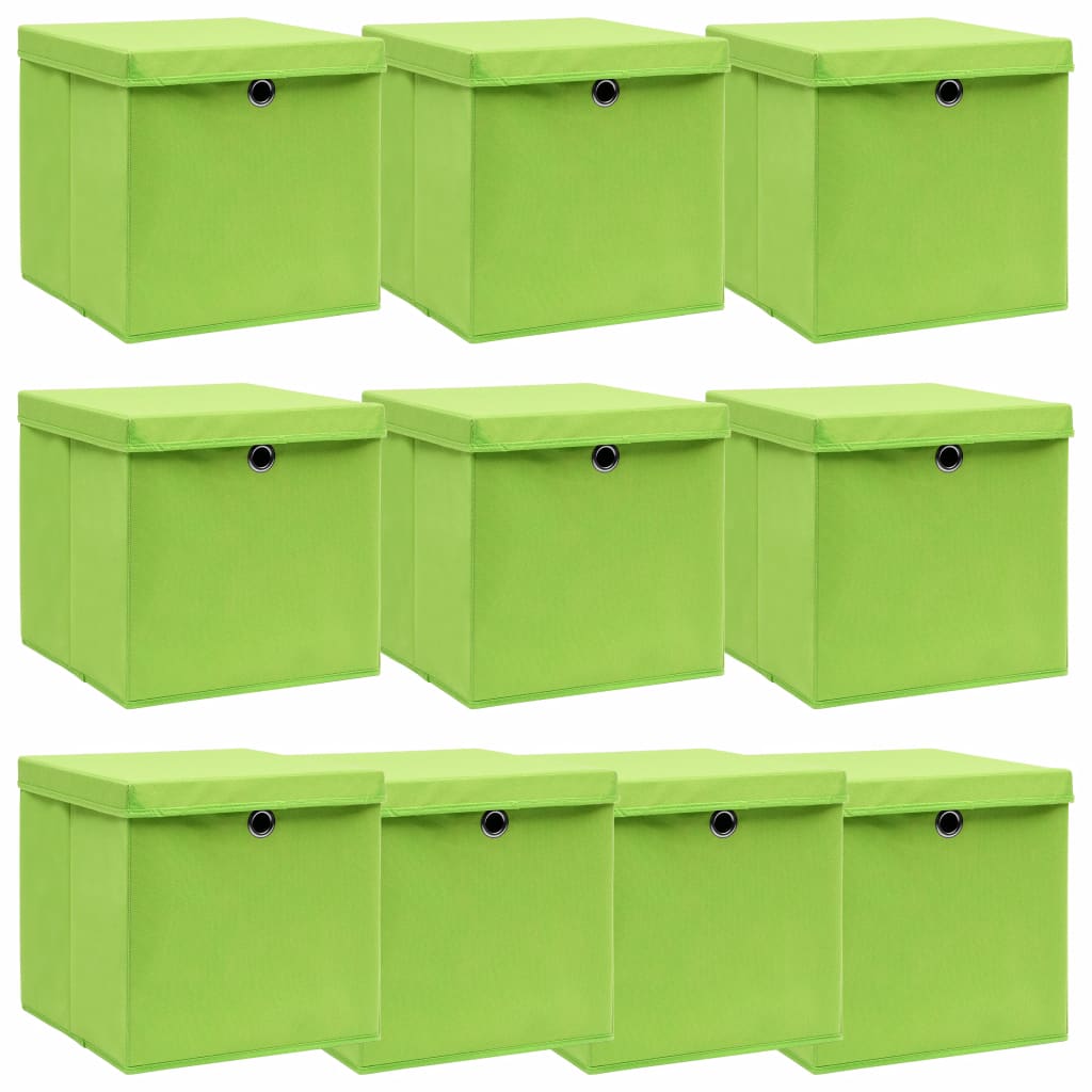 Cutii depozitare cu capace, 10 buc., verde, 32x32x32 cm, textil