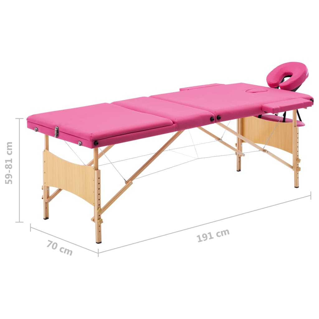 Masă de masaj pliabilă, 3 zone, roz, lemn