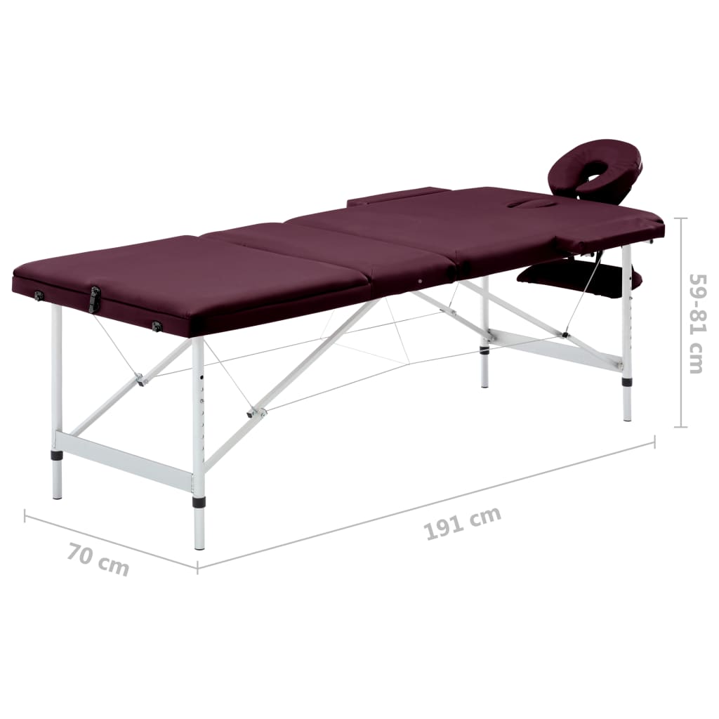 Masă de masaj pliabilă cu 3 zone, violet, aluminiu
