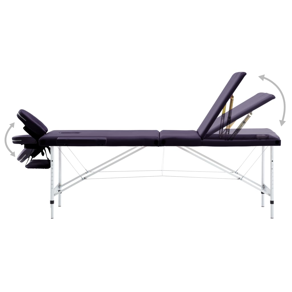 Masă de masaj pliabilă cu 3 zone, violet vin, aluminiu