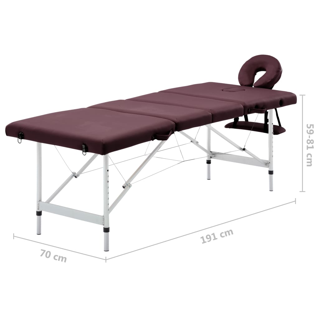 Masă de masaj pliabilă cu 4 zone, violet, aluminiu