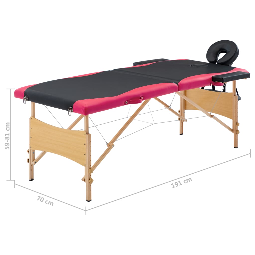 Masă pliabilă de masaj, 2 zone, negru și roz, lemn