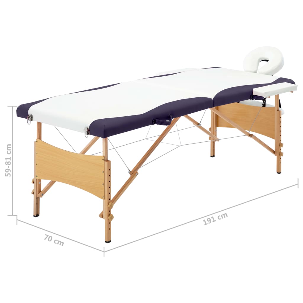 Masă de masaj pliabilă, 2 zone, alb și violet, lemn
