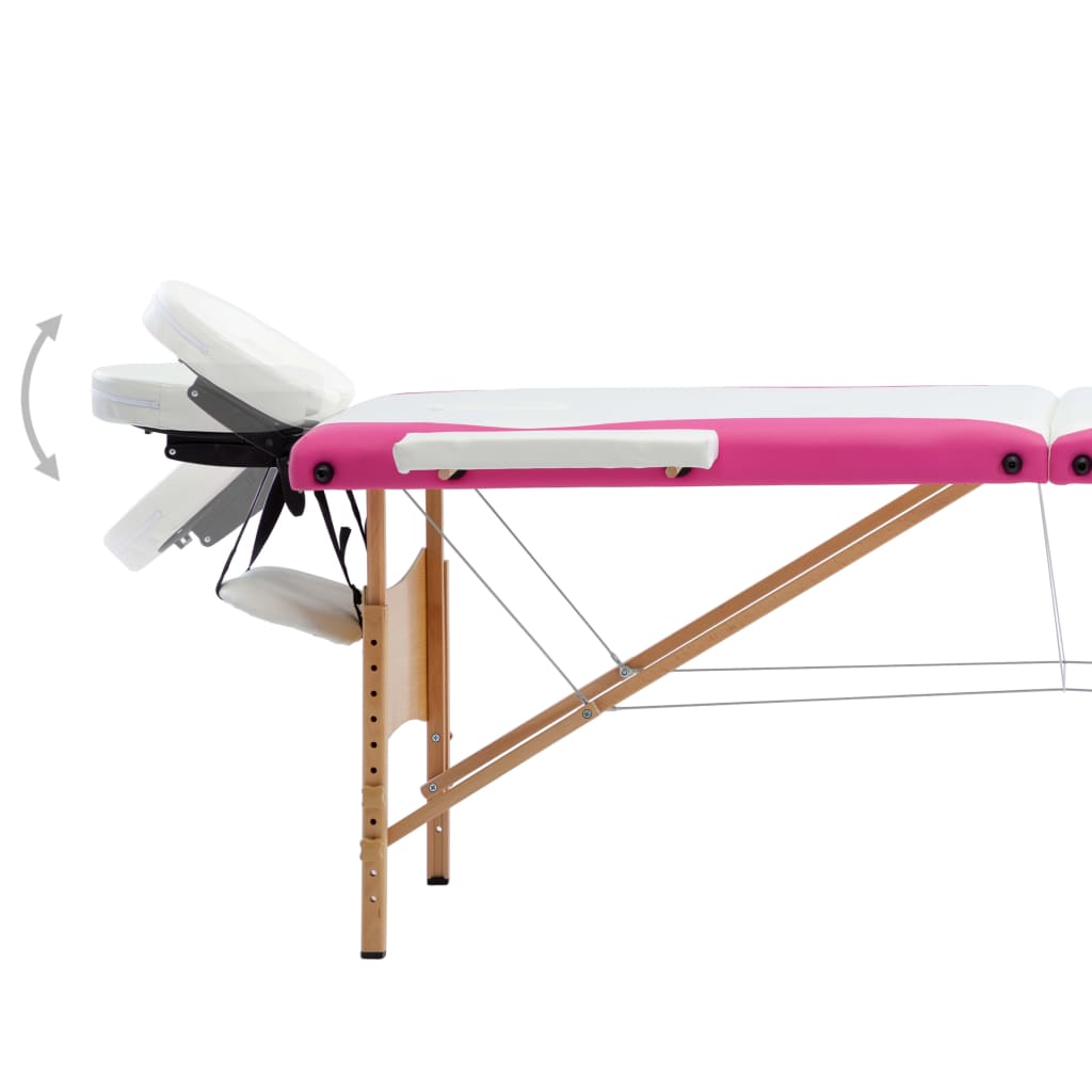 Masă pliabilă de masaj, 3 zone, alb și roz, lemn