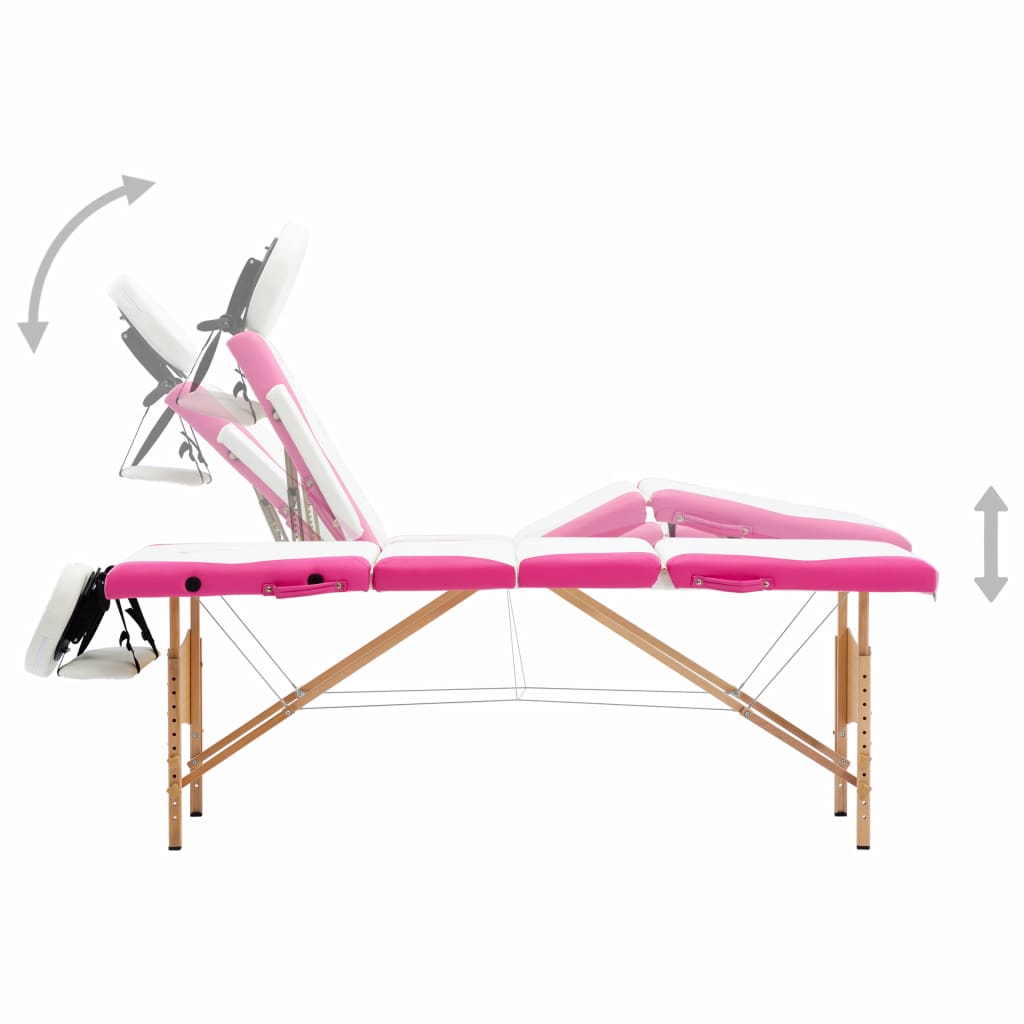 Masă pliabilă de masaj, 4 zone, alb și roz, lemn