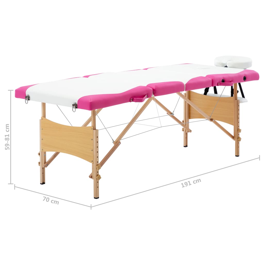 Masă pliabilă de masaj, 4 zone, alb și roz, lemn