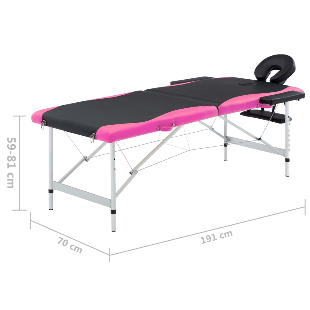 Masă pliabilă de masaj, 2 zone, aluminiu, negru și roz