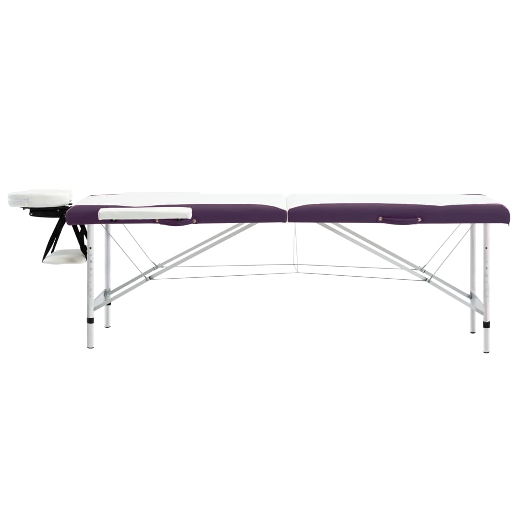 Masă pliabilă de masaj, 2 zone, alb și violet, aluminiu
