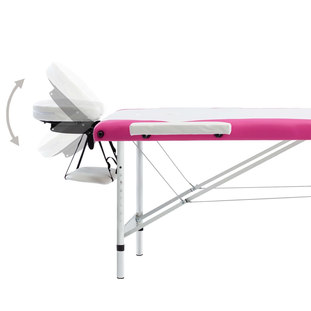 Masă pliabilă de masaj, 3 zone, alb și roz, aluminiu