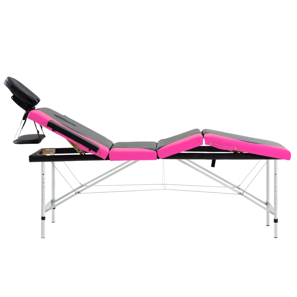 Masă pliabilă de masaj, 4 zone, aluminiu, negru și roz