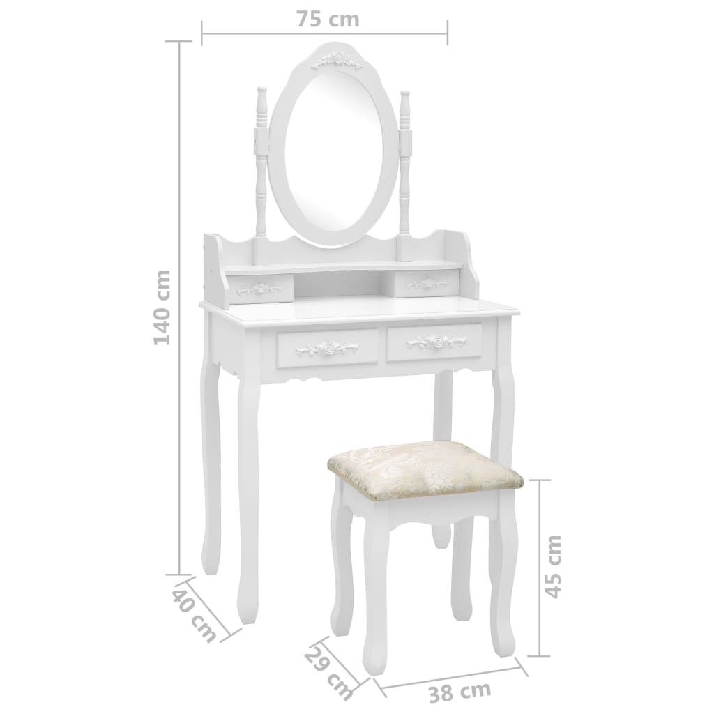 Set masă de toaletă cu taburet alb 75x69x140 cm lemn paulownia