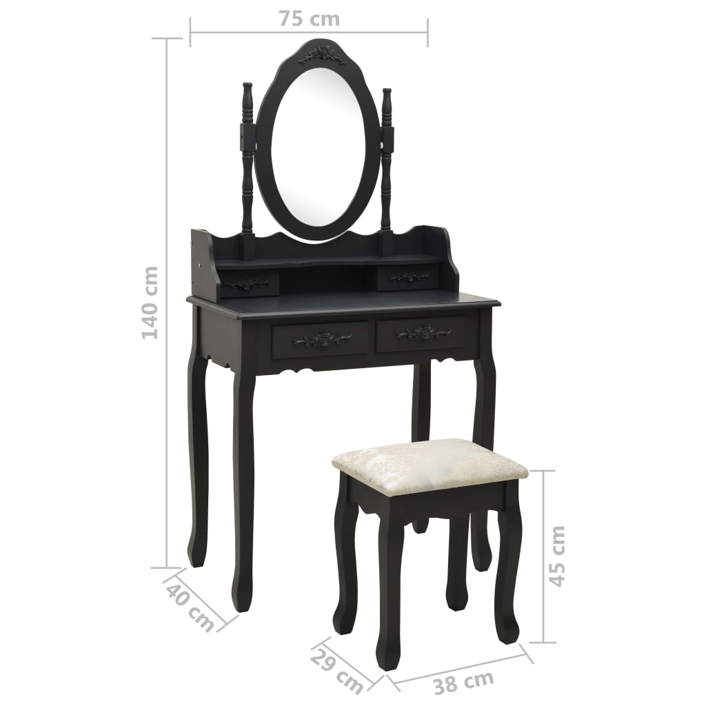 Set masă toaletă cu taburet negru 75x69x140 cm lemn paulownia