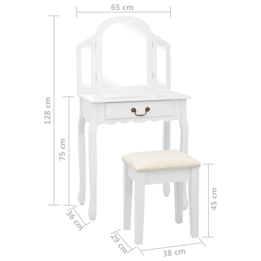 Masă toaletă cu taburet, alb, 65x36x128 cm, lemn paulownia, MDF