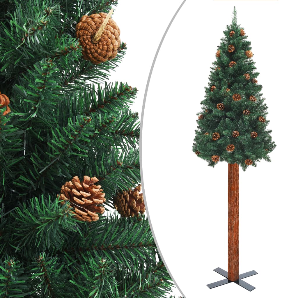 Pom Crăciun artificial subțire lemn și conuri verde 180 cm PVC