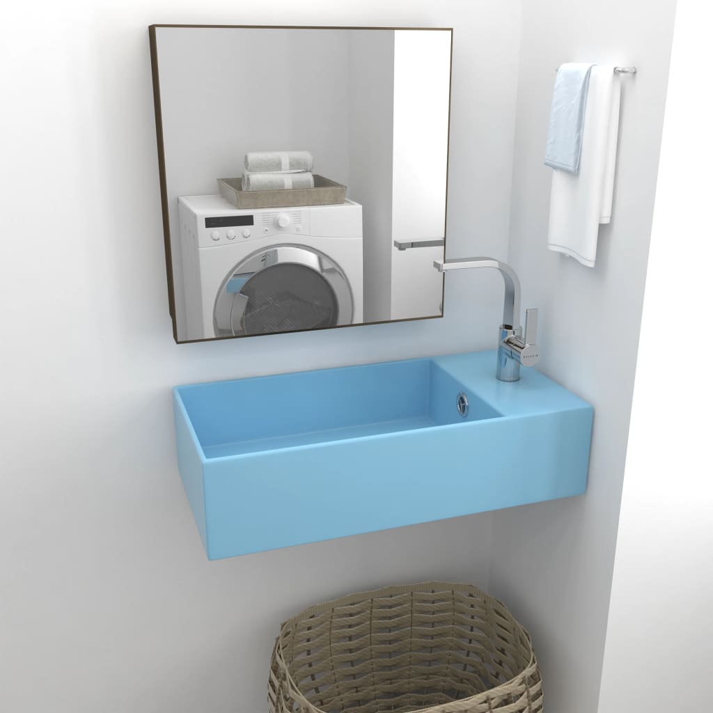 Chiuvetă baie de perete cu preaplin, albastru deschis, ceramică