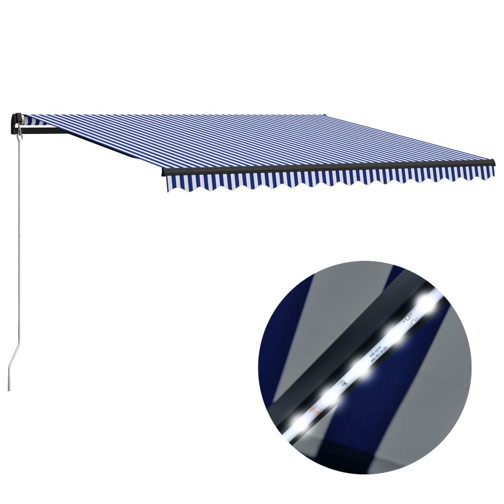 Copertină retractabilă manual cu LED, albastru/alb, 450x300 cm