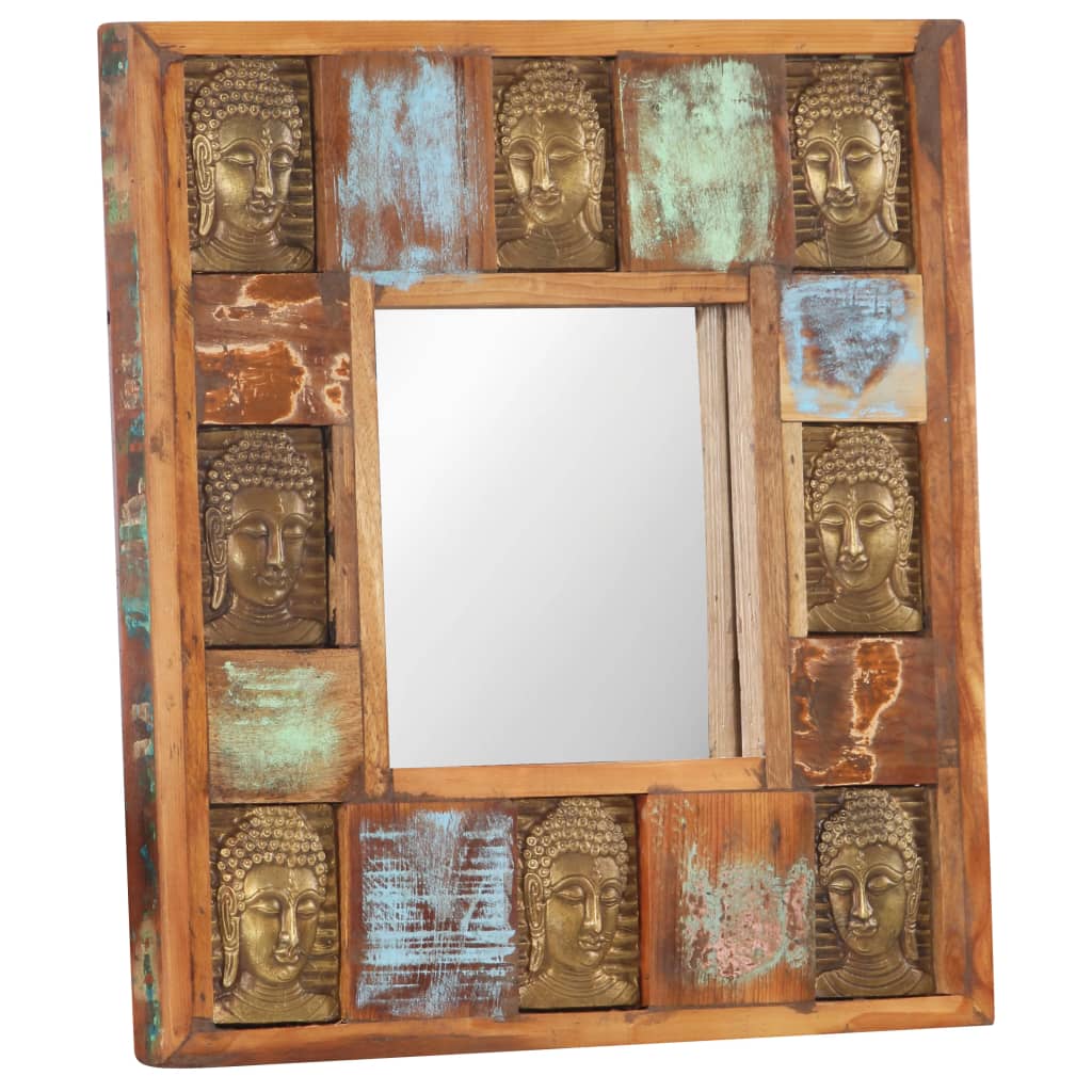 Oglindă placare Buddha, 50 x 50 cm, lemn masiv reciclat
