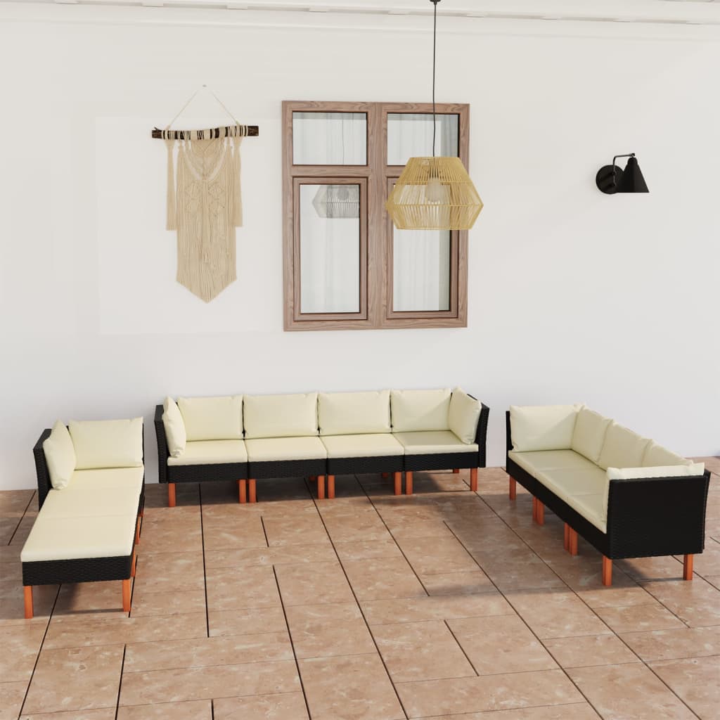 Set mobilier de grădină cu perne, 10 piese, negru, poliratan